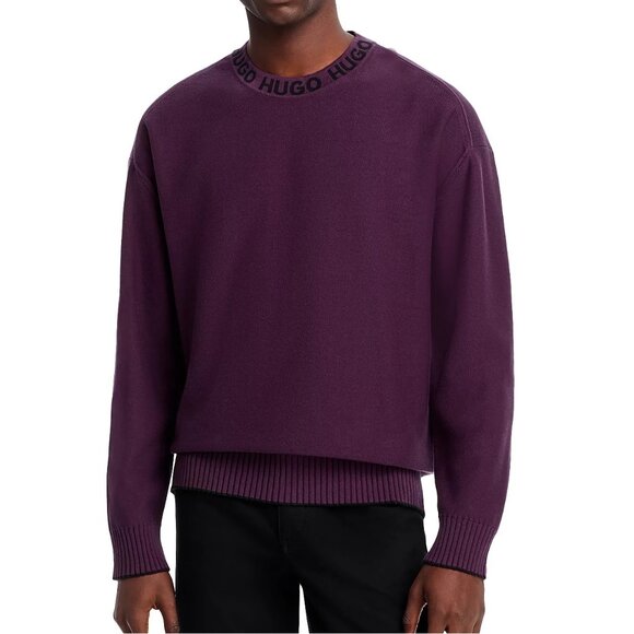 Hugo Boss Men's HUGO Smarlo Logo Oversized Cotton Knit Crewneck Sweater Purple - Picture 1 of 7
